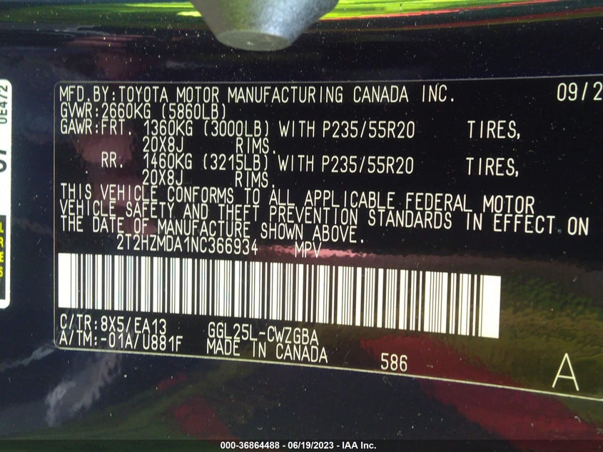 VIN 2T2HZMDA1NC366934 2022 LEXUS RX RX 350