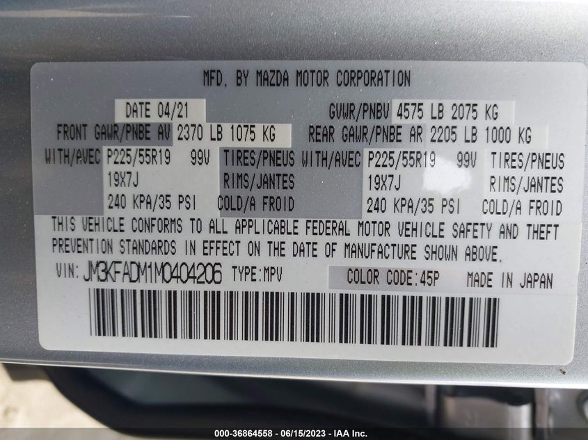 VIN JM3KFADM1M0404206 2021 MAZDA CX-5 GRAND TOURING