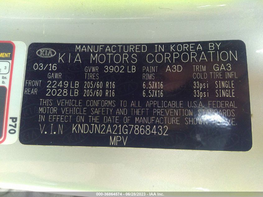 2016 KIA SOUL BASE - KNDJN2A21G7868432
