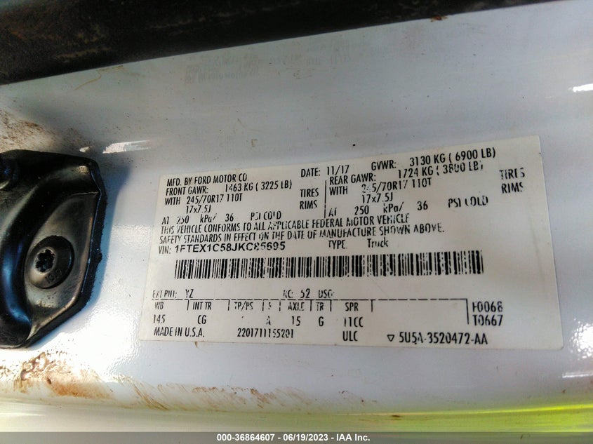 VIN 1FTEX1C58JKC85695 2018 FORD F-150 XL/XLT/LARIAT