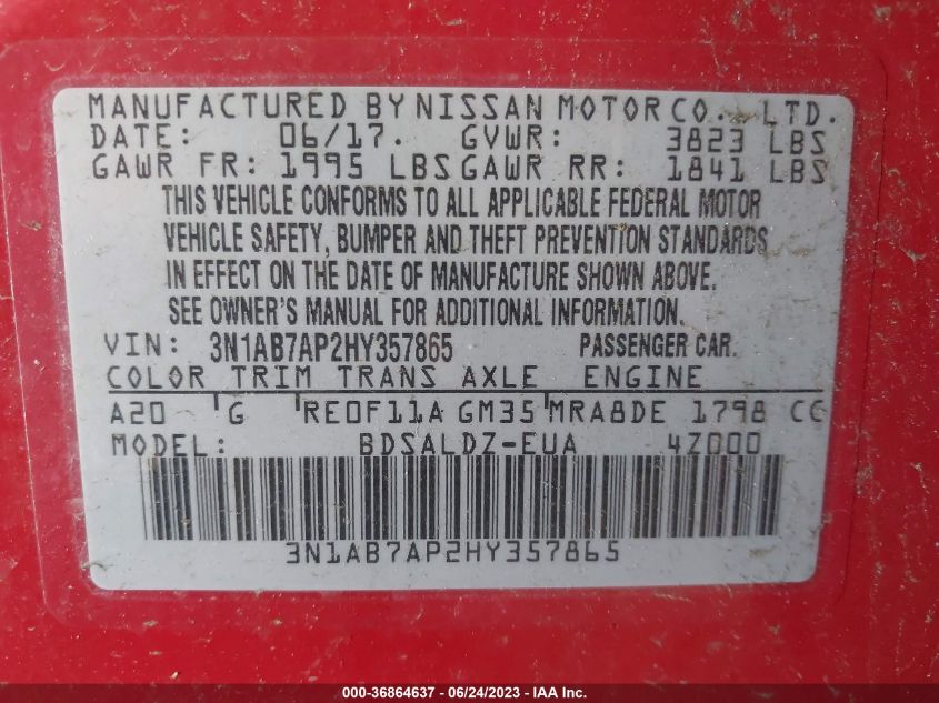 2017 NISSAN SENTRA SV - 3N1AB7AP2HY357865
