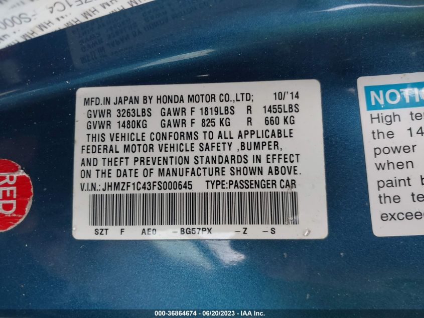2015 HONDA CR-Z JHMZF1C43FS000645