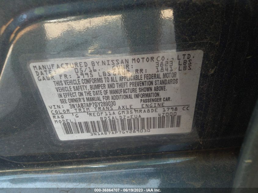 2016 NISSAN SENTRA S/SV/SR/SL - 3N1AB7AP7GY289030