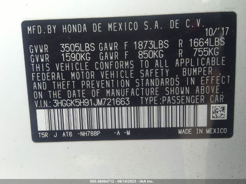 2018 HONDA FIT EX-L - 3HGGK5H91JM721663
