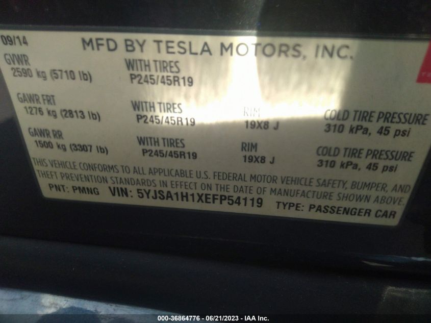 2014 TESLA MODEL S 60 KWH BATTERY/P85 - 5YJSA1H1XEFP54119