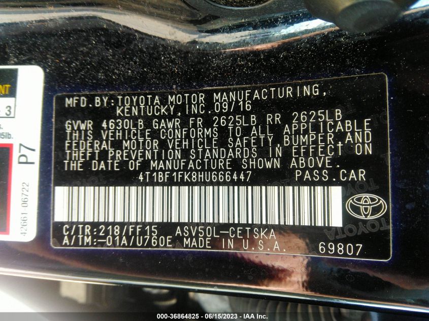 2017 TOYOTA CAMRY LE/XLE/SE/XSE - 4T1BF1FK8HU666447