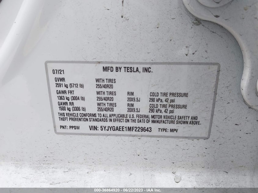 VIN 5YJYGAEE1MF229643 2021 TESLA MODEL Y