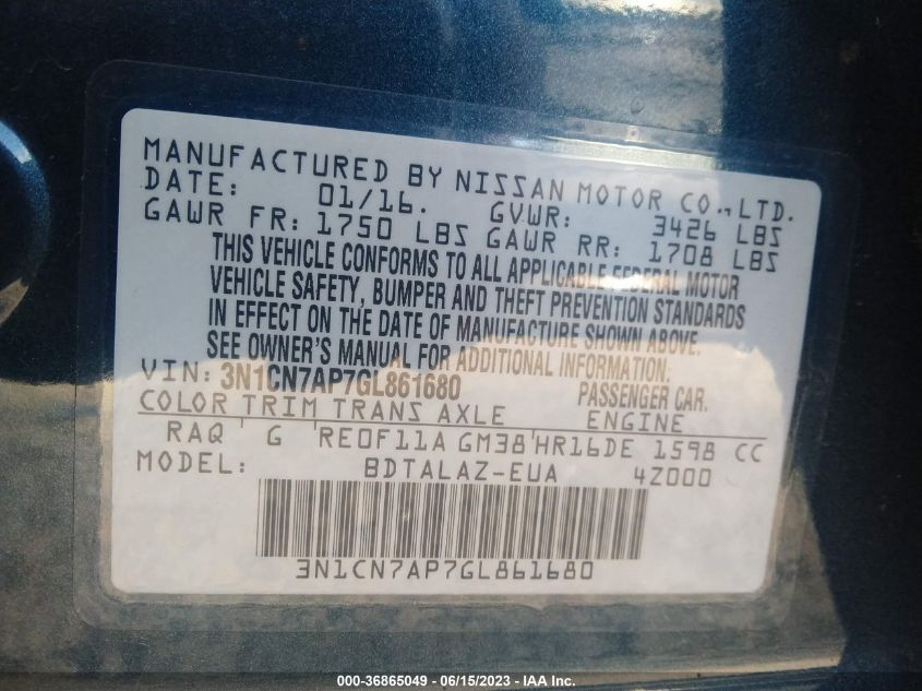 2016 NISSAN VERSA S PLUS - 3N1CN7AP7GL861680