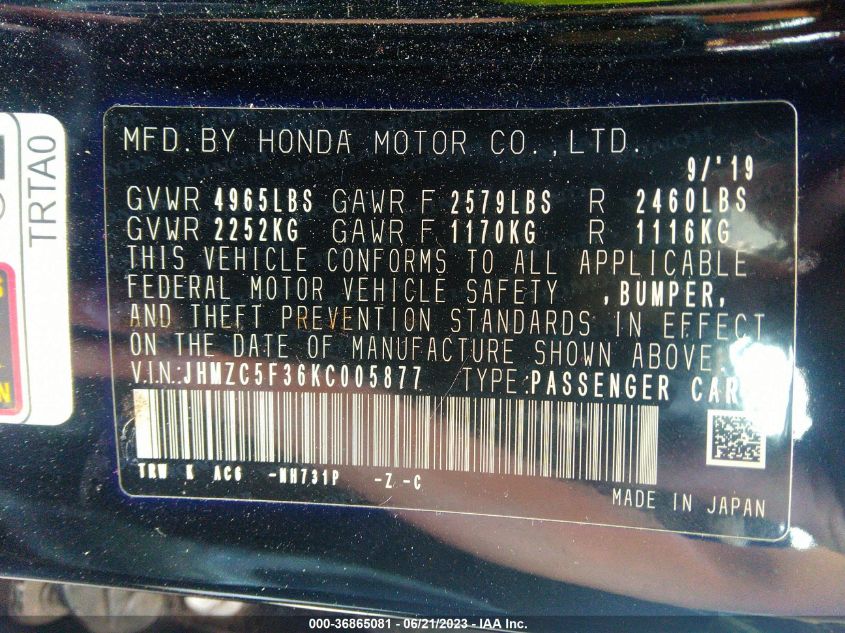 2019 HONDA CLARITY PLUG-IN HYBRID TOURING - JHMZC5F36KC005877