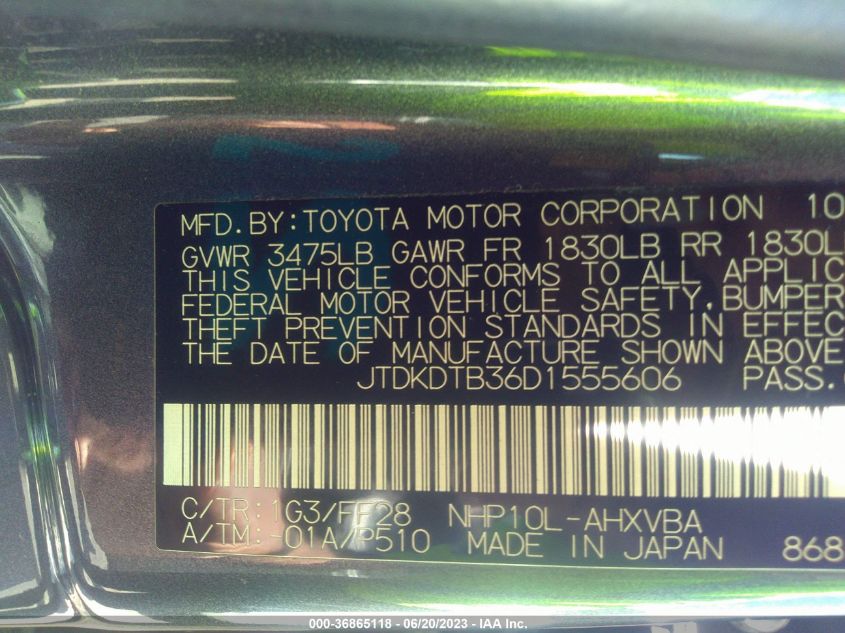 2013 TOYOTA PRIUS C ONE/TWO/THREE/FOUR - JTDKDTB36D1555606