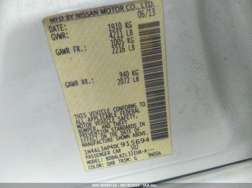 2013 NISSAN ALTIMA 2.5 S - 1N4AL3AP4DC915694