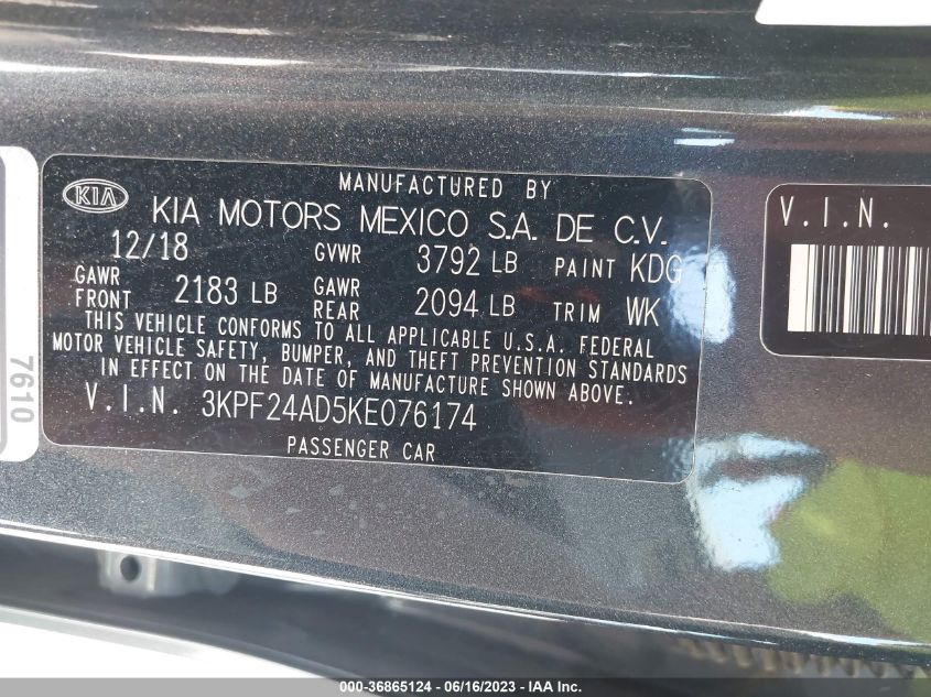 2019 KIA FORTE LXS/FE - 3KPF24AD4KE076174