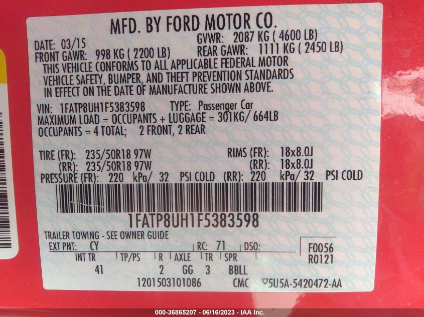 2015 FORD MUSTANG ECOBOOST PREMIUM - 1FATP8UH1F5383598