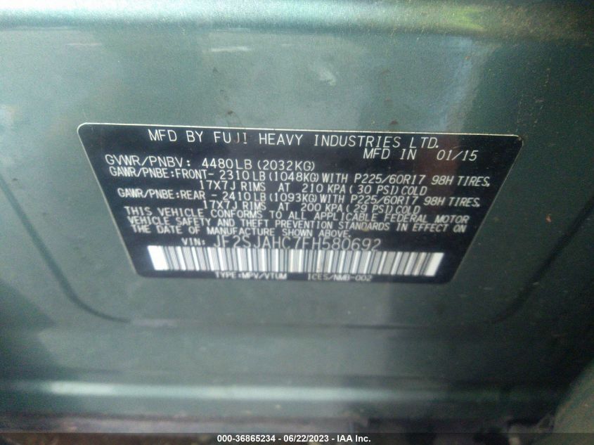 2015 SUBARU FORESTER 2.5I LIMITED - JF2SJAHC7FH580692