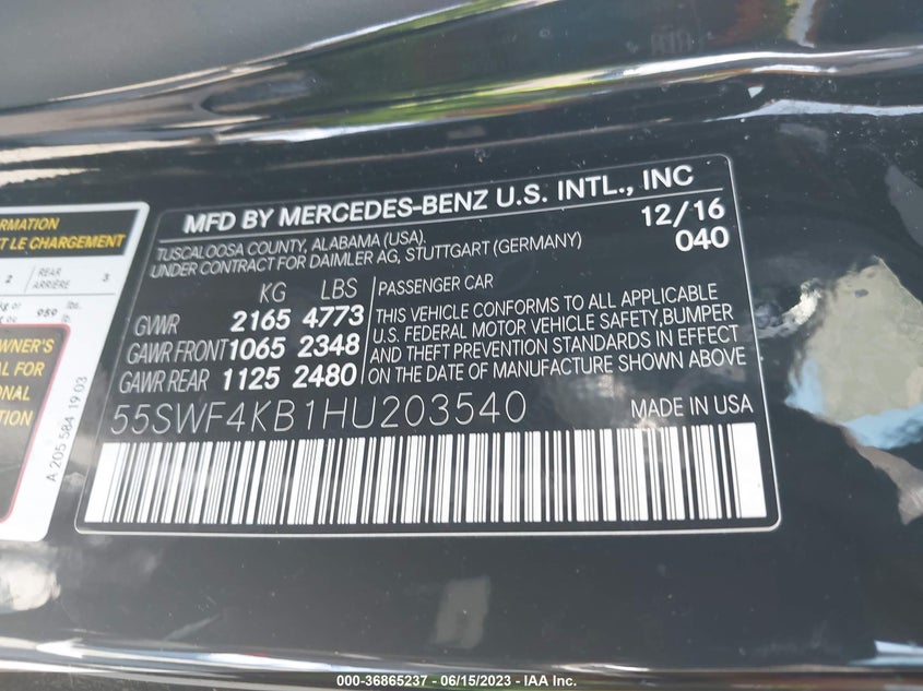 VIN 55SWF4KB1HU203540 2017 MERCEDES-BENZ C-CLASS C 300