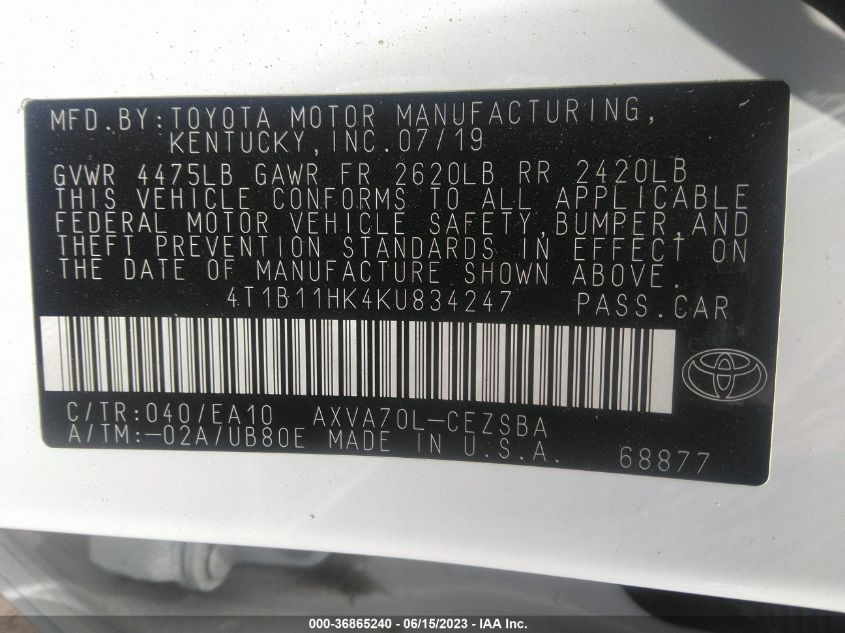 2019 TOYOTA CAMRY L/LE/XLE/SE/XSE - 4T1B11HK4KU834247