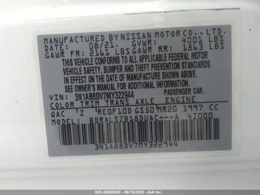 2021 NISSAN SENTRA SR - 3N1AB8DV7MY322944