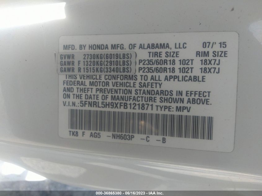 2015 HONDA ODYSSEY TOURING - 5FNRL5H9XFB121871