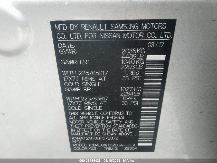 2017 NISSAN ROGUE SV - KNMAT2MT3HP572372