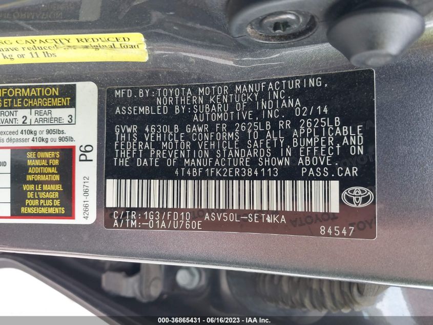 2014 TOYOTA CAMRY L/LE/XLE/SE/SE SPORT - 4T4BF1FK2ER384113