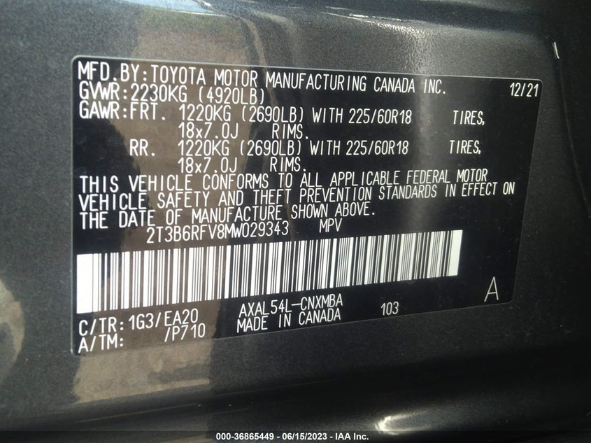 VIN 2T3B6RFV8MW029343 2021 TOYOTA RAV4 HYBRID