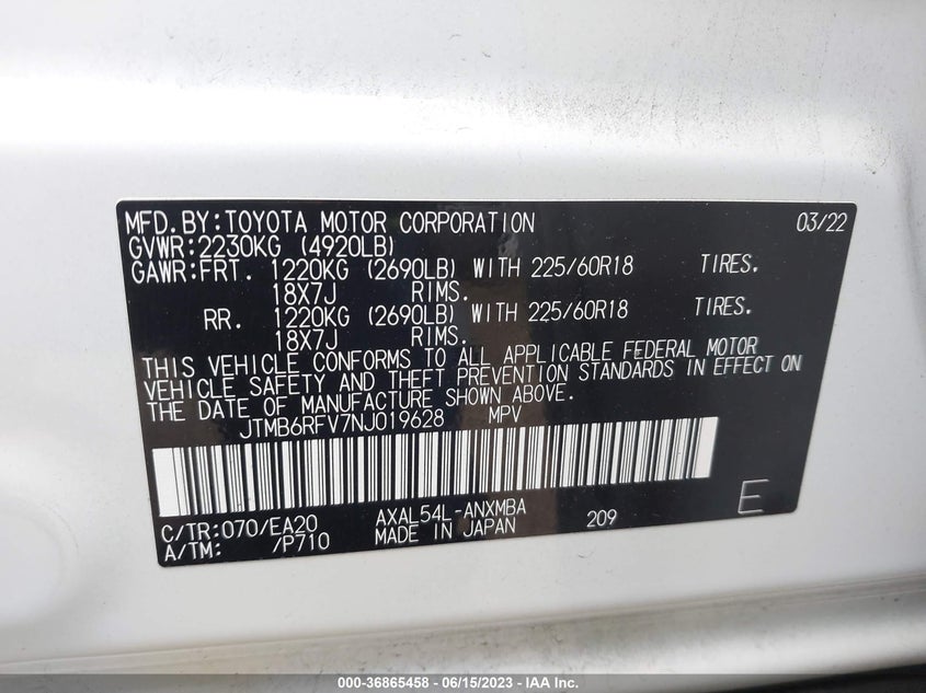 VIN JTMB6RFV7NJ019628 2022 TOYOTA RAV4 HYBRID XLE PREMIUM