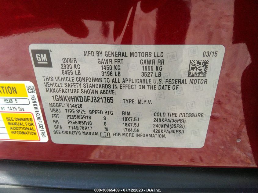 2015 CHEVROLET TRAVERSE LT - 1GNKVHKD0FJ321765