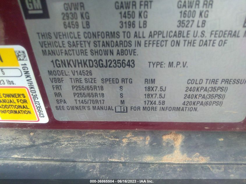 2016 CHEVROLET TRAVERSE LT - 1GNKVHKD3GJ235643