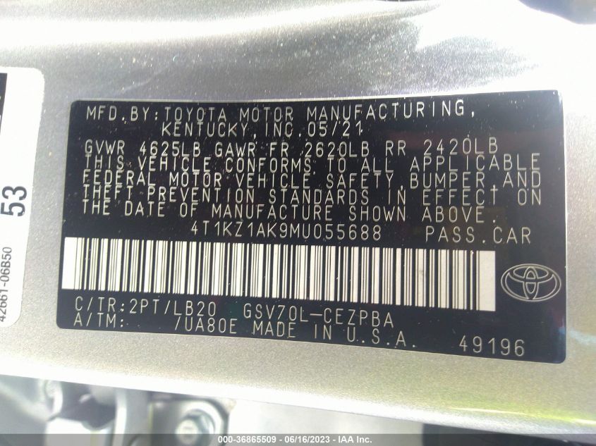 2021 TOYOTA CAMRY XSE V6 - 4T1KZ1AK9MU055688