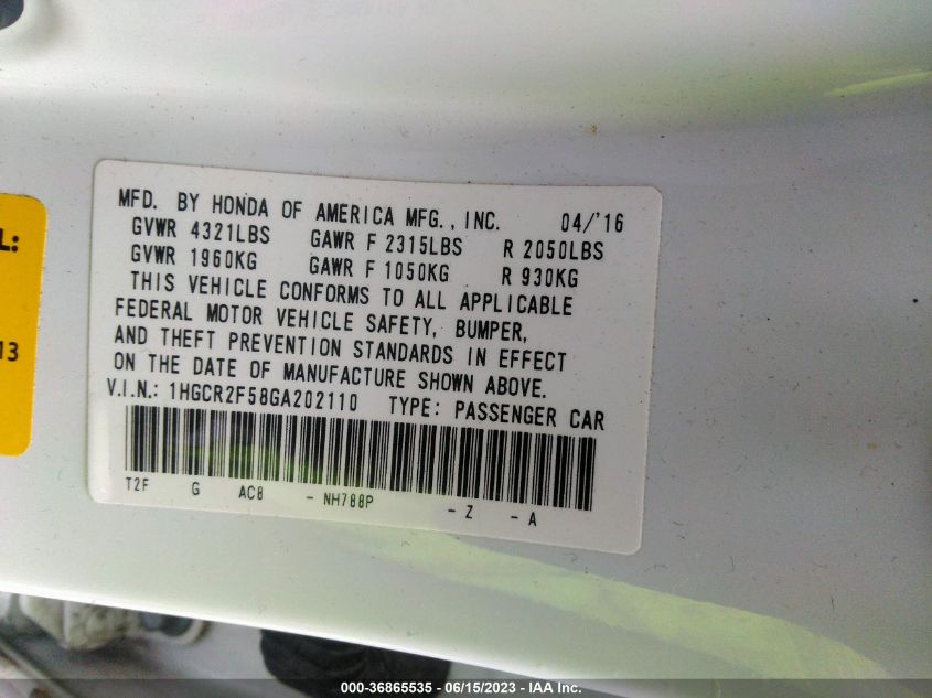 2016 HONDA ACCORD SEDAN SPORT - 1HGCR2F58GA202110