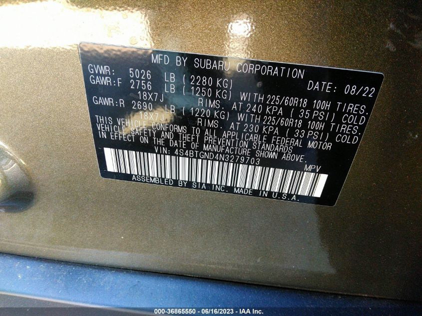 2022 SUBARU OUTBACK LIMITED XT - 4S4BTGND4N3279703