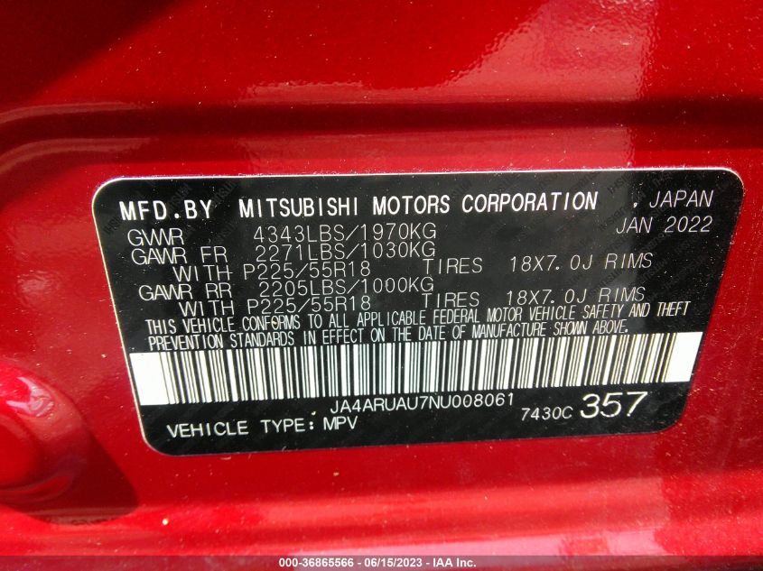 2022 MITSUBISHI OUTLANDER SPORT ES/LE/SE - JA4ARUAU7NU008061