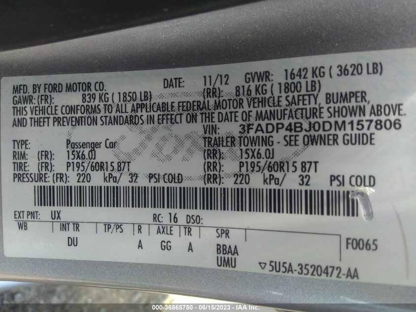 2013 FORD FIESTA SE - 3FADP4BJ0DM157806