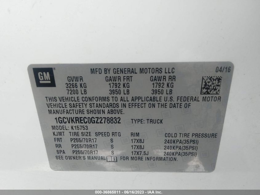 2016 CHEVROLET SILVERADO 1500 LT - 1GCVKREC0GZ278832