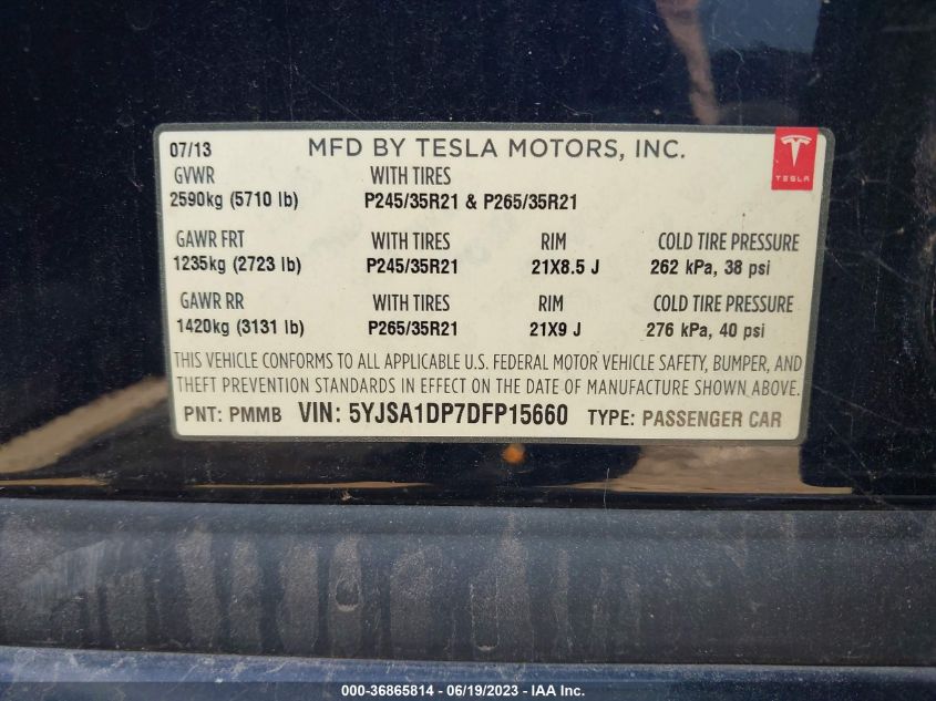 2013 TESLA MODEL S PERFORMANCE - 5YJSA1DP7DFP15660