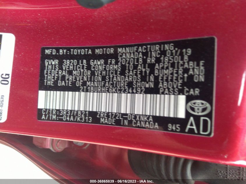 2019 TOYOTA COROLLA L/LE/XLE/SE/XSE - 2T1BURHE6KC234492