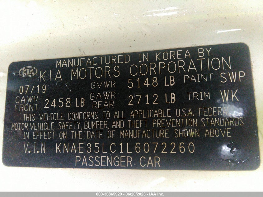 VIN KNAE35LC1L6072260 2020 KIA STINGER GT