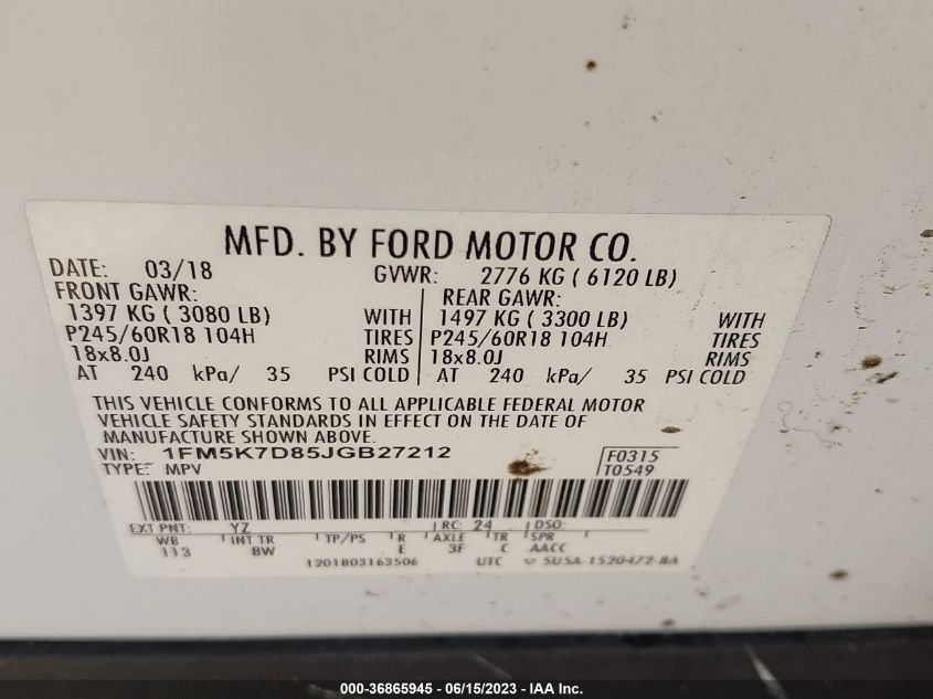 2018 FORD EXPLORER XLT - 1FM5K7D85JGB27212