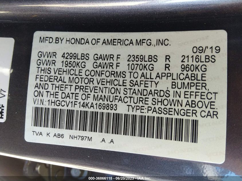 2019 HONDA ACCORD LX - 01HGCV1F14KA16983