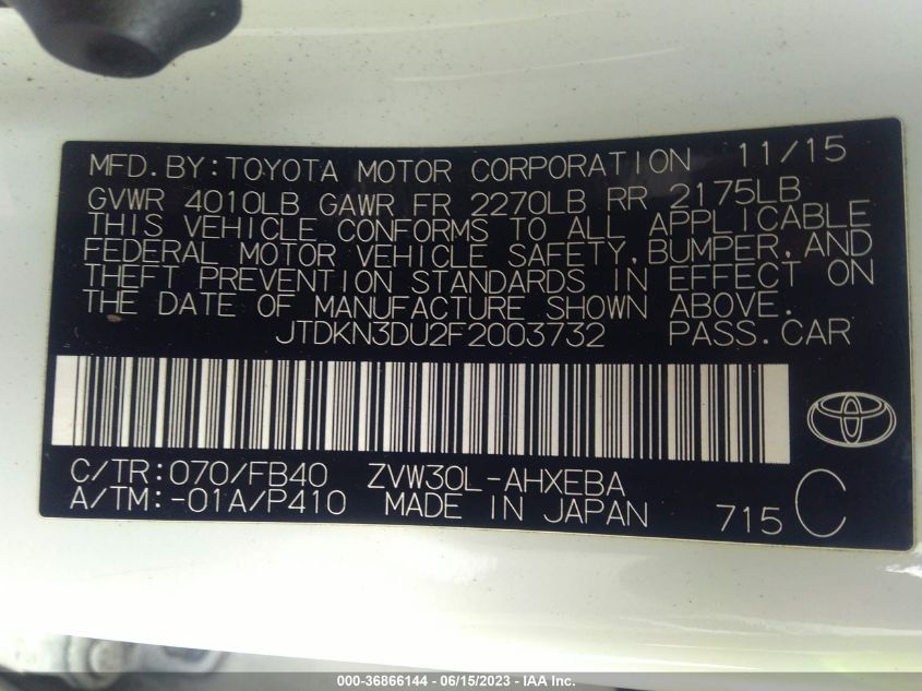 2015 TOYOTA PRIUS - JTDKN3DU2F2003732