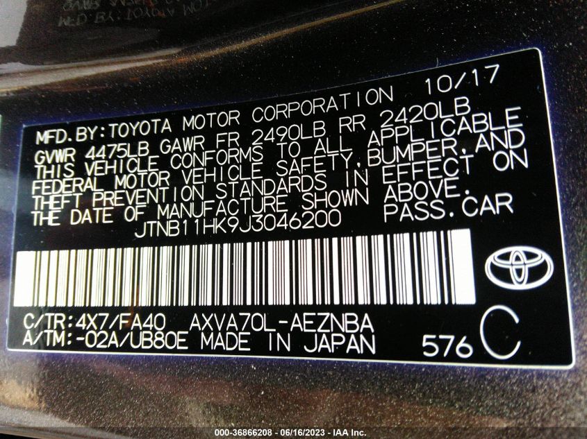 2018 TOYOTA CAMRY LE/SE/XLE/L - JTNB11HK9J3046200