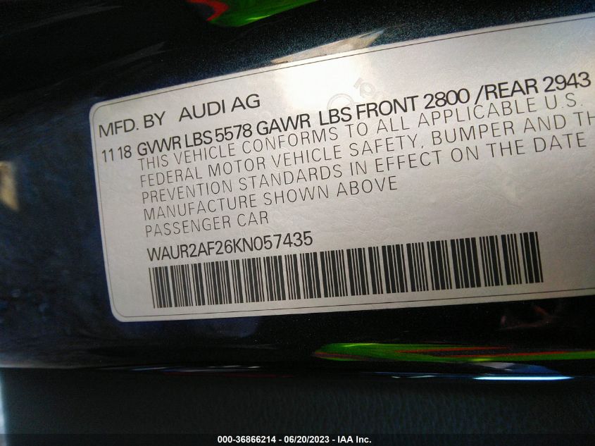 2019 AUDI A7 PREMIUM PLUS - WAUR2AF26KN057435