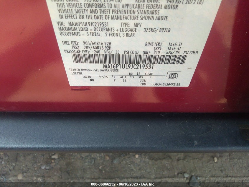 VIN MAJ6P1UL9JC219531 2018 FORD ECOSPORT SE