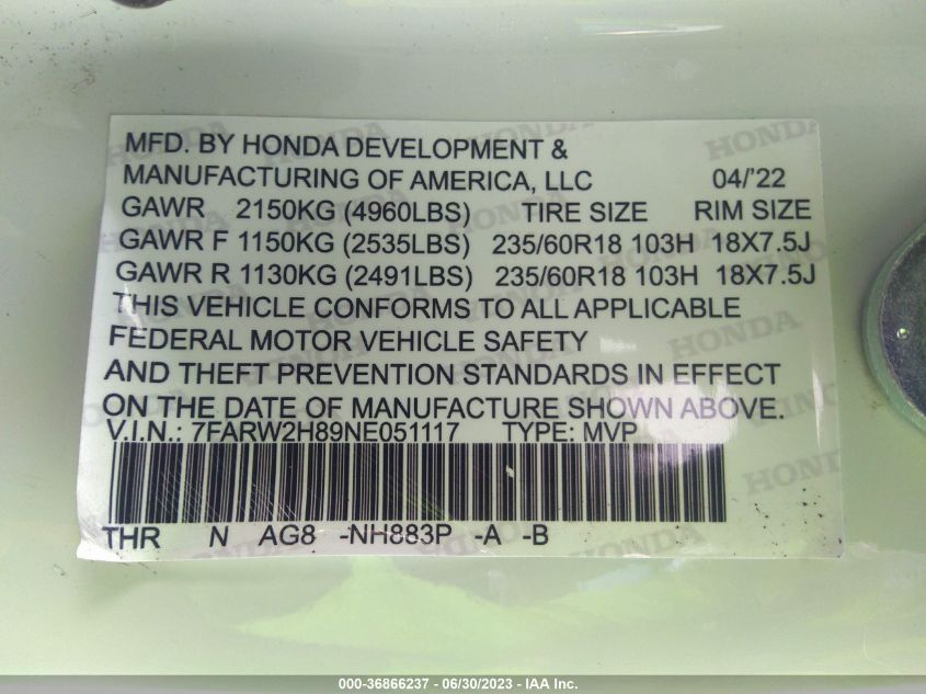 2022 HONDA CR-V EX-L - 2HKRW2H80NH629781