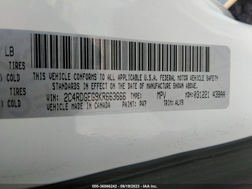 2019 DODGE GRAND CARAVAN GT - 2C4RDGEG9KR663666