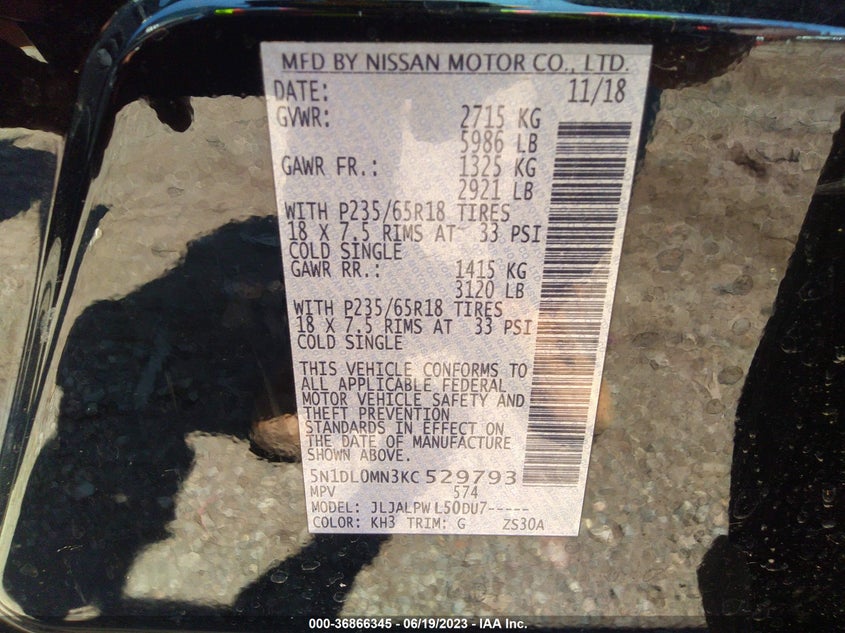 VIN 5N1DL0MN3KC529793 2019 INFINITI QX60 PURE