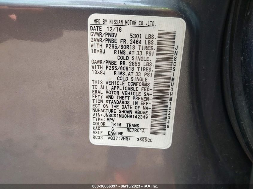 2017 INFINITI QX70 JN8CS1MU0HM142349