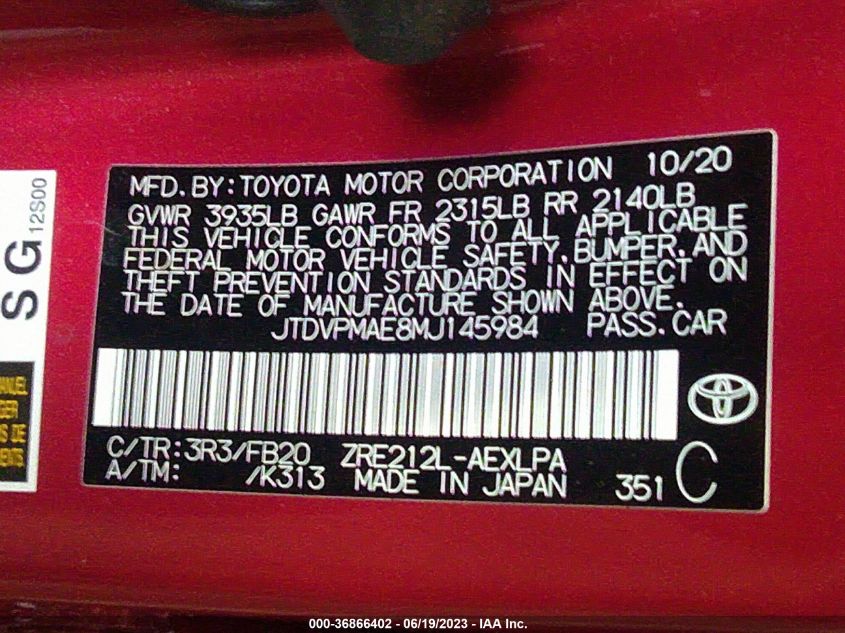 2021 TOYOTA COROLLA LE - JTDVPMAE8MJ145984