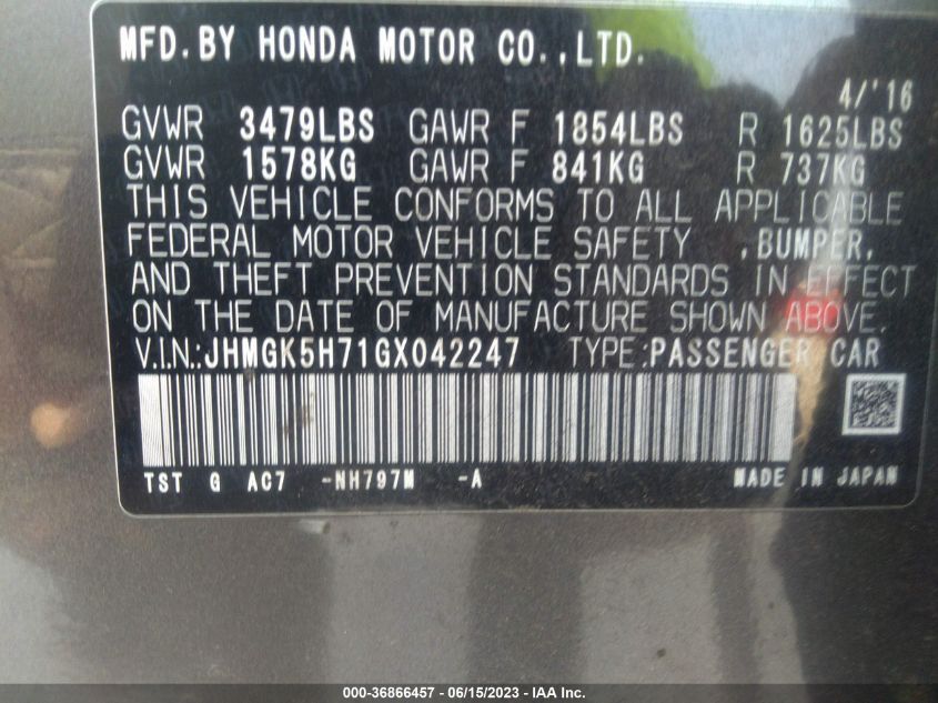 2016 HONDA FIT EX/EXL - JHMGK5H71GX042247