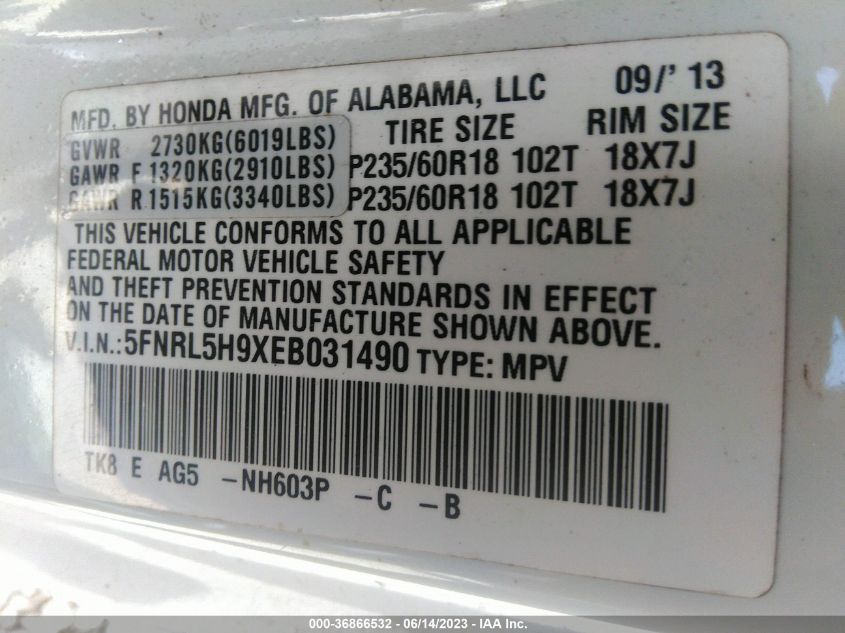 2014 HONDA ODYSSEY TOURING 5FNRL5H9XEB031490